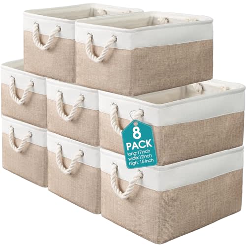 meekoo 8 Pack Collapsible Storage Bins Fabric Storage Bins Polyester Fabric Baskets with Handles Linen Closet Organizer for Shelf Home Closet Towels Toys(17 x 12 x 15 in,Beige)