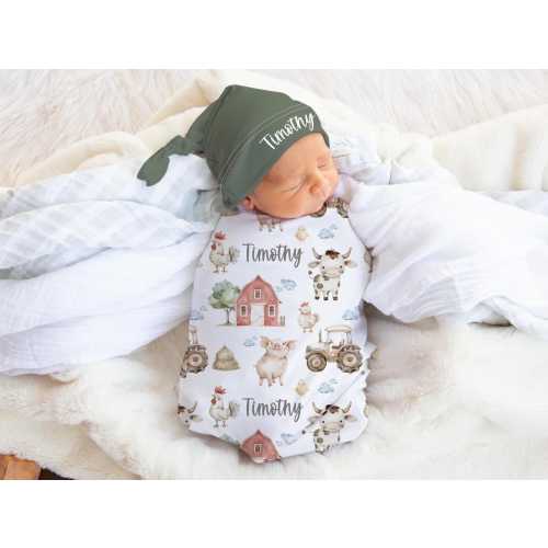 Farm Boy Swaddle Set -Personalized Baby Boy Farm Animal Blanket - Coming Home outfit -Pig Cow Tractor Barn Patterned Blanket Hat Set- s377