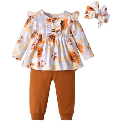 3PCS Baby Girl Clothes Ruffle Floral Shirt Tops Pants Headband Outfit Sets