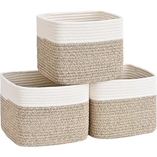 3 Pack Cube Storage Bin, 9”x9”x7” Cotton Rope Woven Baskets for Organizing Toys Clothes Towels, Square Gift Storage Baskets for Shelf, Nursery, Closet, Bathroom, Pantry (Jute)