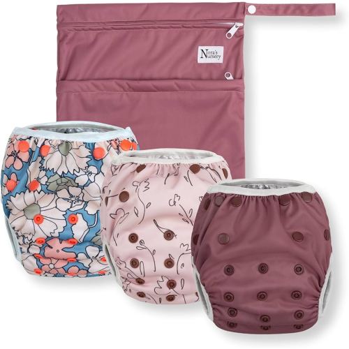 Nora's Nursery Reusable Swim Diapers and Wet Bag - One Size Fully Adjustable - Charleston Rose Unisex 3 Pack with Wet Bag