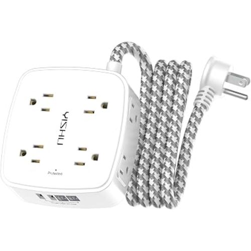 Surge Protector Power Strip - YISHU 8 Outlets with 4 USB (2 USB C) Charging Ports, 6Ft Braided Extension Cord, Flat Plug Multi Plug Outlet Extender Charging Station for Home Office, ETL, White