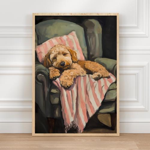 UNFRAMED Sleeping Doodle Puppy Painting, Contemporary Print, Toy Poodle Dog Art, Cottagecore Wall Decor