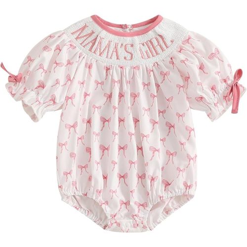 Newborn Baby Girl Romper Mamas Mini Bow Plaid Print Puff Sleeve Smocked Bubble Romper Jumpsuit Bodysuit Clothes
