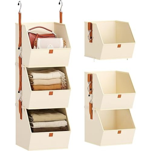 Collapsible Hanging Closet Organizer - 3 Tier Closet Shelves Storage System with Hooks, Fabric Hanging Storage Bins for Clothes, Foldable Storage Basket for Laundry, Bedroom, Rv, Beige