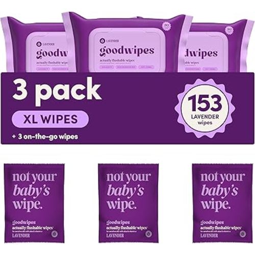 goodwipes Flushable Butt Wipes - Vitamin E & Aloe - Sewer & Septic Safe - Extra Large Adult Wet Wipes For Women & Men - Bathroom Essentials - Lavender, 153 Count (3 Packs + 3 Individually Wrapped)