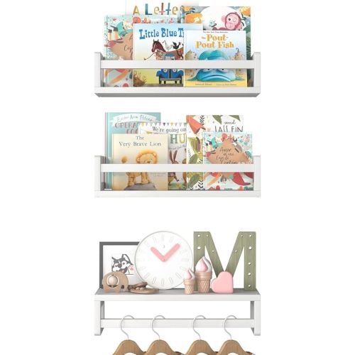Floating Nursery Book Shelves for Wall, 15.7 Inch Nature Solid Wood Wall Mounted Bookshelf Set of 3, Hanging Bookshelves for Kids Room, Bedroom Nursery Decor and Book Storage (White)