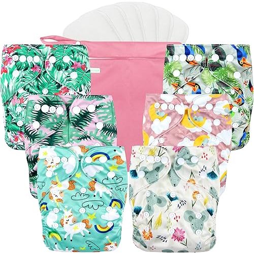 wegreeco Cloth Diapers 6 Pack with 6 Inserts & 1 Wet Bag, Washable Cloth Diapers for Babies, One Size Adjustable Reusable (Rainbow, Horse)