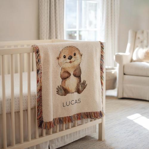 Personalized Otter Baby Blanket, Ocean Themed Custom Name Woven Throw, Cute Sea Animal Nursery Gift, Baby Shower Keepsake Blanket