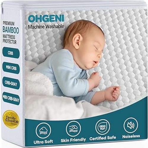 OhGeni 100% Waterproof Mattress Protector, Crib Size, Fitted Sheet with Stretchable Pockets, Deep Sleep Noiseless Soft. Breathable Cooling Hypoallergenic Material, Mattresses Cover for Bed