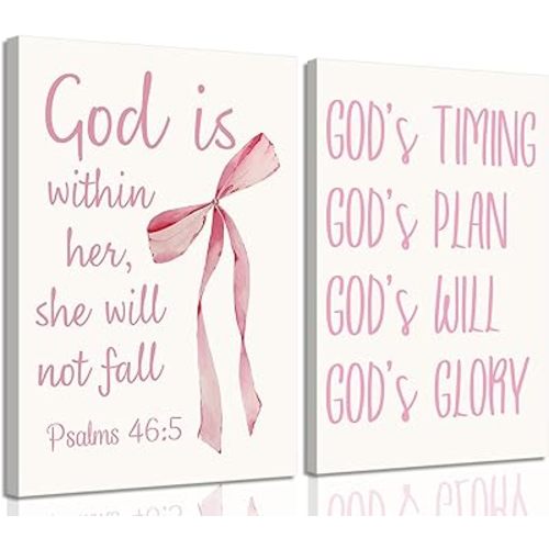 Coquette Pink Bow Canvas Wall Art Christian Bible Bow Posters Girls Room Decor, Inspirational Bible Verses Pictures Prints Preppy Aesthetic for Teen Girls Dorm Gifts Bathroom Decor 16"x24" Framed