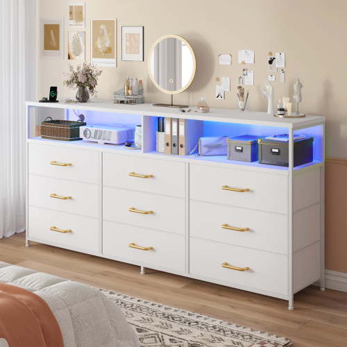 EnHomee White 9 Drawers Dressers for Bedroom Wide Dresser TV Stand for 65" with Power Outlet & LED Lights Fabric Dressers & Chests of Drawers