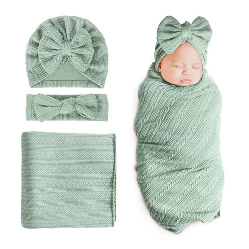 DRESHOW BQUBO Newborn Receiving Blanket Toddler Warm for Girls with Bow Hat and Bow Headband Shower Gift