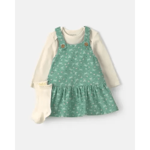 Baby Girl 3-Piece Bow Floral Corduroy Long-Sleeve Dress Set - Green/Cream | Carter's