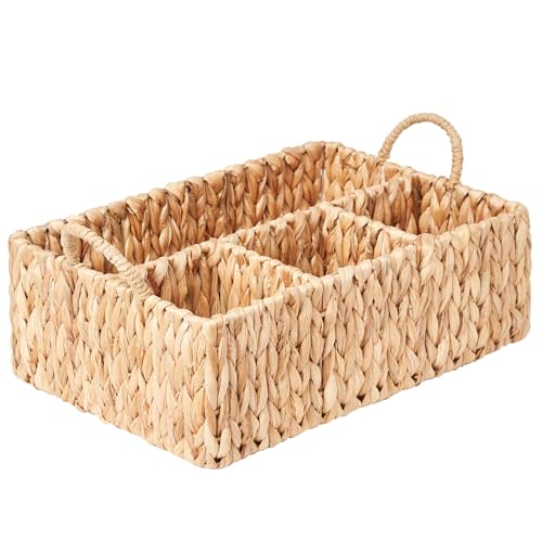 Floramill Wicker Basket Divided Storage with Handles - Natural Water Hyacinth Organizer for Diaper Essentials, Kitchen Utensils, Bathroom & Nursery Organization, 4 Compartments