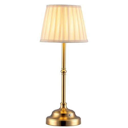 KDG Portables Cordless Table Lamp, Fabric Shade Desk Lamp, 4000mAh Rechargeable Battery Powered Lighting, Dimmable Light for Dining Room, Bedroom, Bedside, Bar, Night Light, Camping, Balcony (Gold)