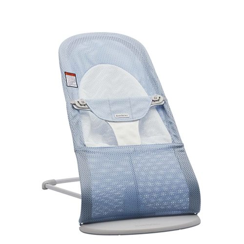 BabyBjörn Bouncer Balance Soft, Light Grey Frame, Mesh, Sky Blue/White, 2-in-1 Adjustable Baby Bouncer Seat and Toddler Chair, Newborn to Toddler (8-29 lbs), 4 Positions, Lightweight & Portable