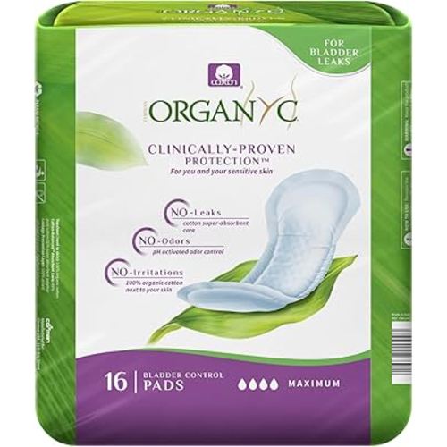 Organyc 100% Organic Cotton Inside and Out Incontinence Pads for Bladder Leaks, FSA/HSA Eligible, Maximum Flow, 16 Count