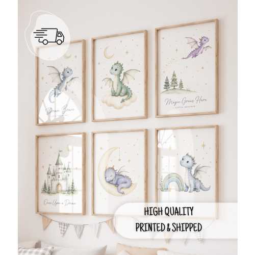 Magical Dragon Nursery Prints Set of 6, Baby Dragon Wall Art, Castle Moon Stars, Fairy Tale Printed Posters, Playroom Decoration Room