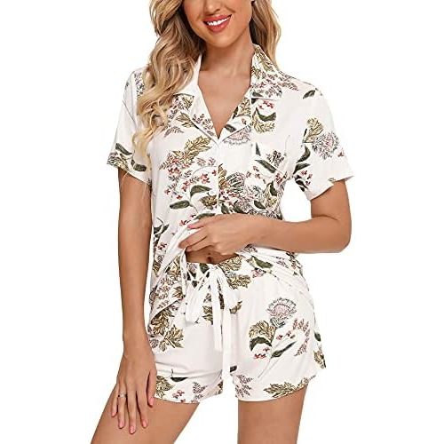Anjue Womens Pajamas Set Short Sleeve Sleepwear Button Down Nightwear Shorts Soft Pj Sets S-XXL