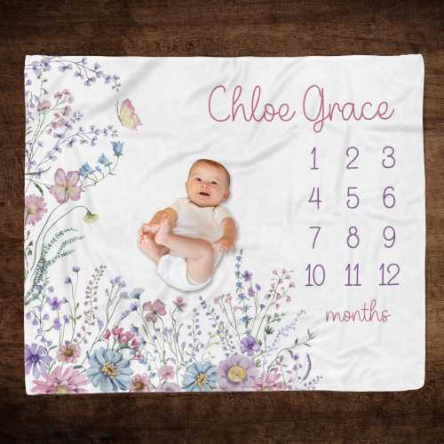PERSONALIZED WILDFLOWER Baby Girl Milestone Blanket, Newborn Girl Age Blanket, Infant Month to Month Blanket, Custom Girl First Year Blanket