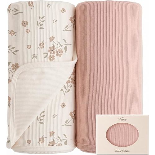 Konssy Ribbed Knit Baby Blankets 2 Pack, Stretchy Lightweight Swaddle Blanket for Boys & Girls, Soft Cozy Receiving Wrap for Newborns, Infants, & Toddlers, 33x42 Inch