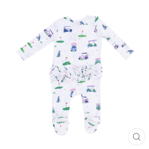 2 Way Zipper Ruffle Back Footie - Vintage Golf Carts Pink