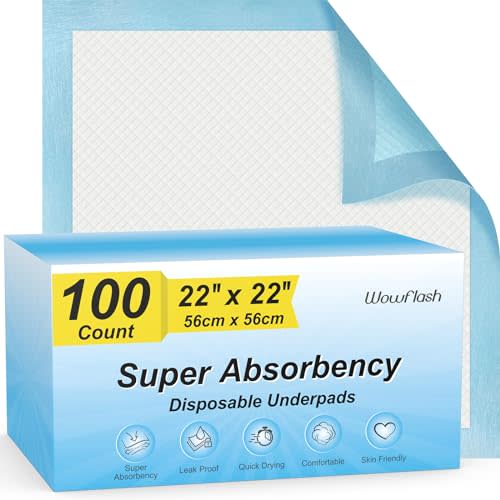 100 Count 22 x 22 Super Absorbency Disposable Underpads, Leakproof Quick Drying Disposable Pads for Baby, Puppy and Adults, Puppy Pads, Cat Pee Pads for Dogs, Potty Puppy Training Pads