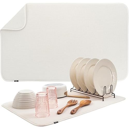 S&T INC. Dish Drying Mat Jumbo, 18” x 30”, Absorbent Microfiber Kitchen Counter Mat, Dish Drying Pad for Dishes, Utensils, Pots and Pans, Jumbo, Cream