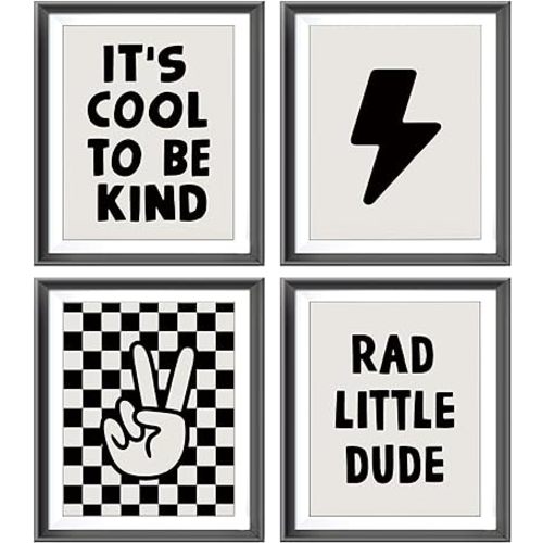 Retro Black Checkered Preppy Lightning Peace Hand Sign Poster Prints for Boy Teen Room Dorm Decor,Rad Little Dude Funny Decorations Prints Wall Art Unframed 4pcs 8x10inches,Teen Boys Gifts (8W×10L)