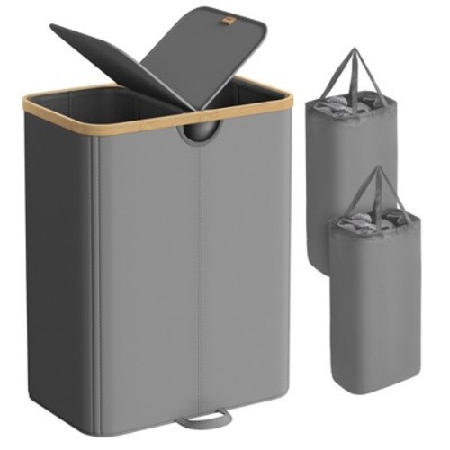 Laundry Hamper with 2 Lids, 39 Gal Dual Compartment Basket with Removable Liners, for Laundry Room Bedroom Living Room, Slate Gray & Bamboo
