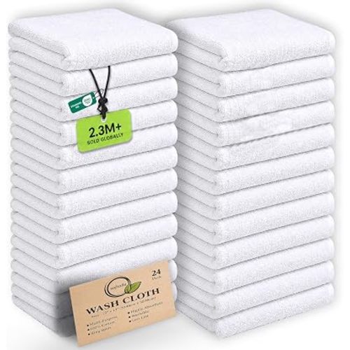 100% Cotton Washcloths 24 Pack (12x12 Inches) Soft, Highly Absorbent Washcloth, Face Towels, Wash Cloths for Face, Ring Spun, Bulk Pack (White)