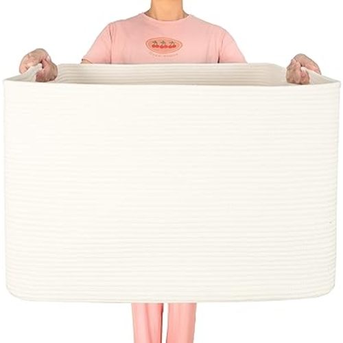 MINTWOOD Design 112L Extra Large Blanket Basket Holder Living Room, 25"x17"x16" Rectangle Rope Woven Storage Basket with Handles for Laundry, Towels, Shoes, Dog Toy Organizer Bin Box, Creamy White