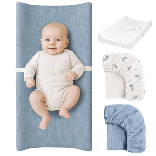 Konssy Baby Changing Pad Set with Waterproof Lining & 2 Pack Muslin Covers
