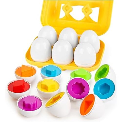 Shape Matching Eggs Toys for Toddlers, 6 Easter Egg Toys with Storage Carton, Educational Color and Shape Matching Set