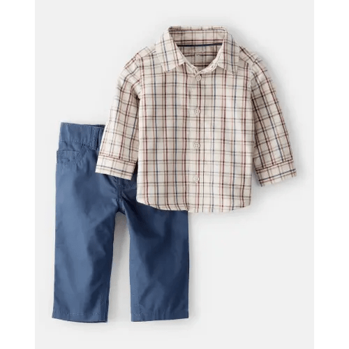 Baby Boy 2-Piece Plaid Shirt & Pant Set - Maroon/Ivory | Carter's