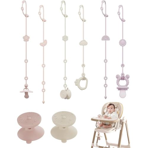 6 Pack Silicone Baby Toy Straps with 2 pcs Suction Cup Bases, Silicone Pacifier Holder, Toy Strap,Adjustable Toy Holder for Stroller Accessories, Car Seat, Highchair,Crib (B)