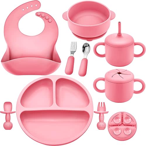 Silicone Baby Feeding Set, Baby Led Weaning Supplies, Eating Essentials Utensils with Suction Plate and Bowl, Pocket Bib, Sippy Cup with Lid, Forks Spoons Snack Container, for 6+ Months, Pink