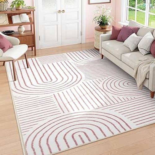 Lahome Abstract 8x10 Area Rug, Soft Washable Accent Rug for Living Room, Bedroom & Dining Room, Ultra-Thin Pink/White Carpet (8x10ft)