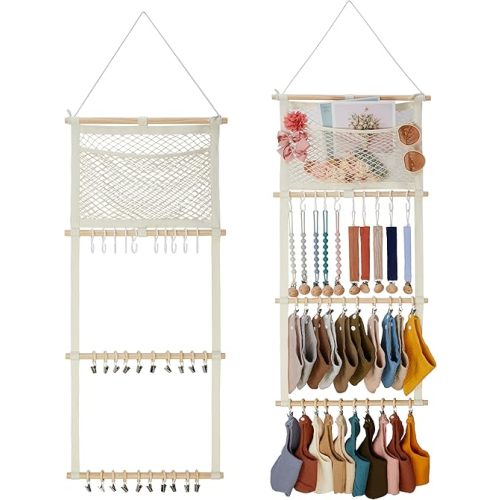 Pacifier Clip Holder Baby Bibs Organizer, Infant Bandana Drool Bibs Holder - Baby Burp Cloths Storage Hanging Organizer for Nursery Newborn Infant Room(Beige)