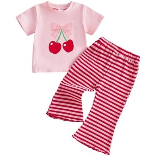Muasaaluxi Toddler Baby Girl Summer Outfit Short Sleeve Cherry Print T-shirt Stripe Cotton Flared Pants 2Pcs Clothes Set