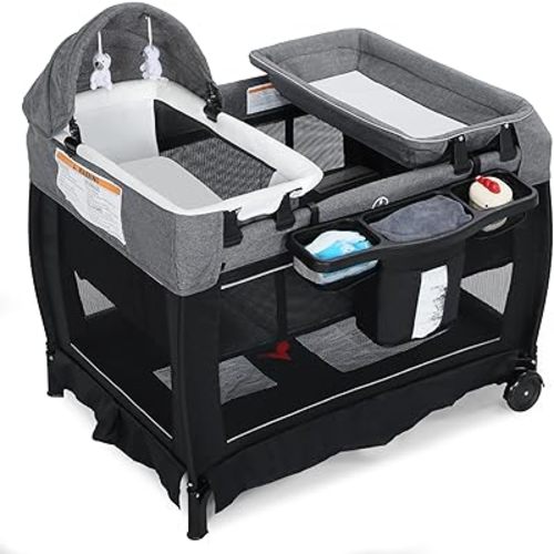 4 in 1 Multifunctional Pack and Play, Foldable Baby Playards with Changing Table & Breathable Mesh, Baby Playpen for Babies and Toddlers, Black