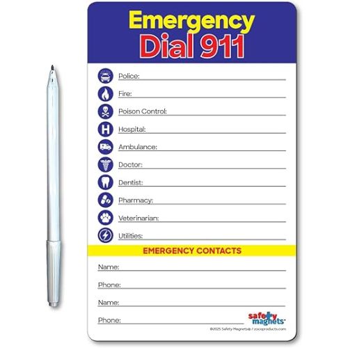 Safety Magnets by ZOCO – Emergency Numbers List with Marker – Write-On Refrigerator Magnet for Important Phone Numbers & Contacts – 5.25 x 8.5 inch