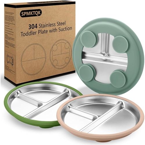 SPMKTQK 3 Pack Stainless Steel Kids Plates, Suction Divided, Baby Feeding