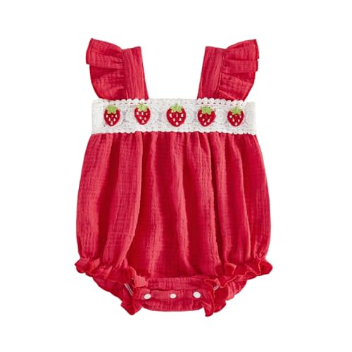 PUHHAPIEY Newborn Baby Girl Strawberry Onesie Fly Sleeve Crochet Bubble Onesie Romper Summer Linen Outfit 0 3 6 9 12 18 Month