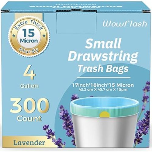 300 Count 15 Micron Extra Thick 4 Gallon Drawstring Small Trash Bags, Sturdy & Tear-Resistant Small Garbage Bags for Bathroom, Office, Bedroom & Kitchen