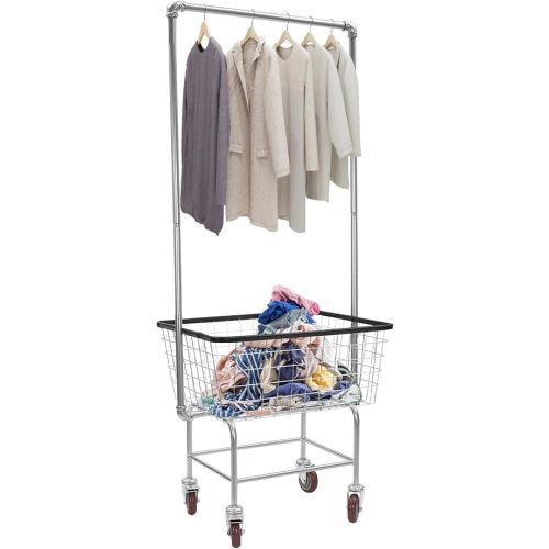 Wire Laundry Cart with Hanging Rack, Wire Laundry Basket With Wheels 27''x22''x67'', Commercial Wire Laundry Basket Cart With drying rod, Galvanized Steel Frame with 5'' Casters, Wire Basket Cart