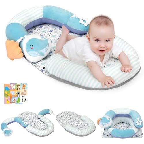 4 in 1 Tummy Time Mat with Educational Cards, Play Mat & Sitting Support for Newborn 0-12 Months, Infant Baby Sit Me Up Floor Seat, Sensory Skills Gifts, Blue Whale