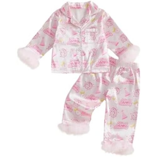 Toddlers Baby Girl Birthday Pajamas Satin Silk Pjs Button Down Long Sleeve Sleepwear Set Nightgowns, Pack of 2