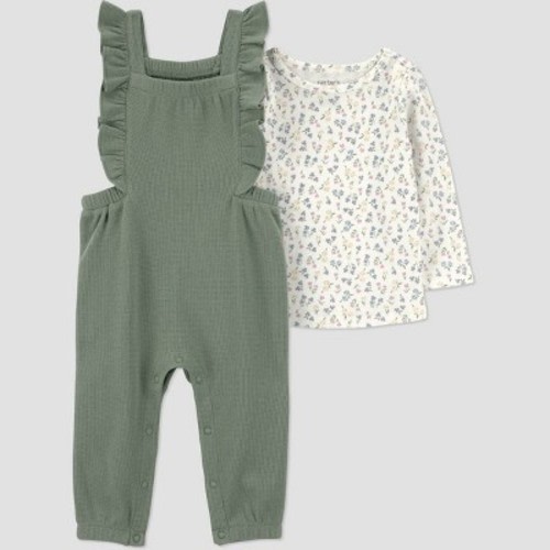 Carter's Just One You® Baby Girls' 2pc Floral Long Sleeve Bodysuit and Ruffle Overalls Set - Green 3M